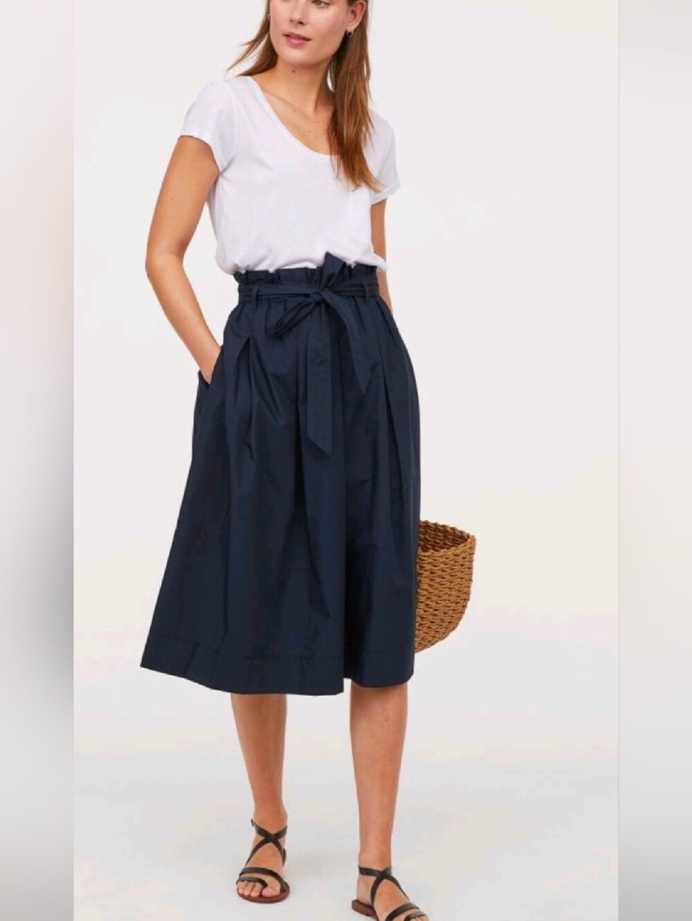 H&M Navy Cotton Poplin Midi Skirt Pockets Tie Waist Size 6